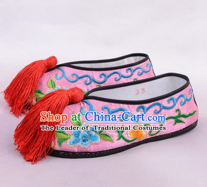 Chinese Ancient Peking Opera Young Lady Embroidered Hua Tan Shoes, Traditional China Beijing Opera Female Pink Embroidered Shoes