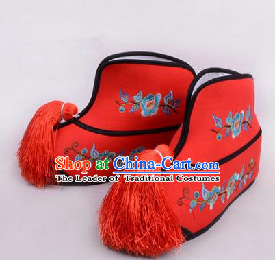 Chinese Ancient Peking Opera Blues Martial Lady Embroidered Boots, Traditional China Beijing Princess Opera Red Embroidered Shoes