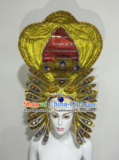 Top Grade Professional Stage Show Halloween Headpiece Delux Hat, Brazilian Rio Carnival Samba Opening Dance Queen Golden Headwear for Women