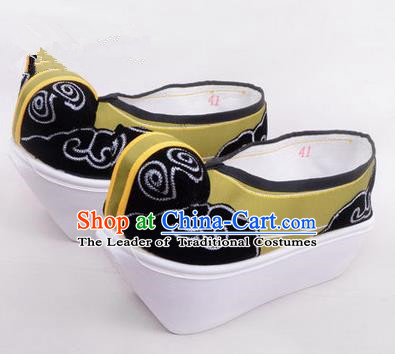 Chinese Ancient Peking Opera Scholar Young Men High Sole Shoes, Traditional China Beijing Opera Male Green Embroidered Shoes