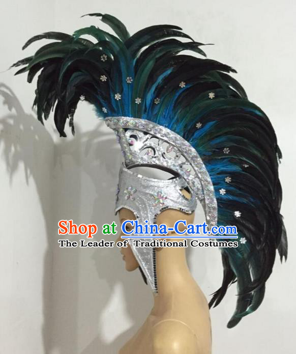 Top Grade Professional Stage Show Halloween Blue Feather Headpiece Exaggerate Hat, Brazilian Rio Carnival Samba Opening Dance Hair Accessories Headwear Warrior Helmet