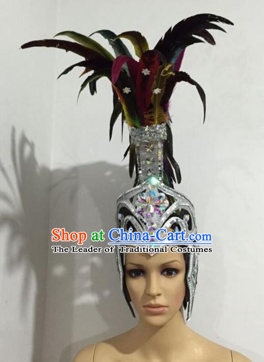 Top Grade Professional Stage Show Halloween Colorful Feather Headpiece Exaggerate Hat, Brazilian Rio Carnival Samba Opening Dance Hair Accessories Headwear Warrior Helmet