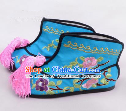Chinese Ancient Peking Opera Martial Lady Embroidered Peony Boots, Traditional China Beijing Opera Princess Female Blue Embroidered Shoes