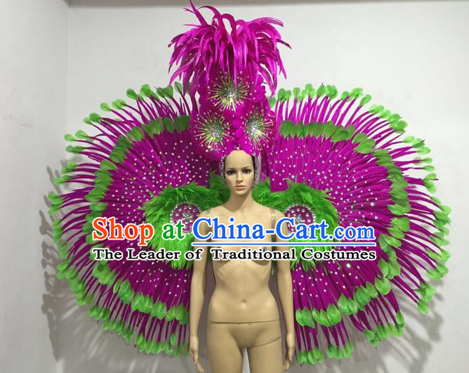 Top Grade Professional Stage Show Giant Headpiece and Wings Decorations, Brazilian Rio Carnival Samba Opening Dance Hat Headwear Clothing for Women