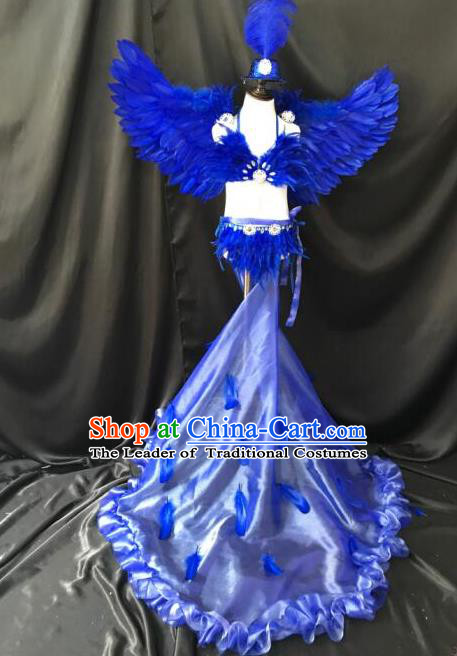 Top Grade Professional Performance Catwalks Bikini Costume and Headpiece, Traditional Brazilian Rio Carnival Samba Modern Fancywork Blue Swimsuits Clothing for Women