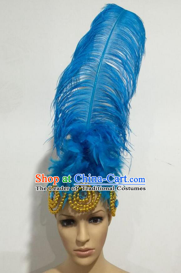 Top Grade Professional Stage Show Giant Headpiece Parade Hair Accessories, Brazilian Rio Carnival Samba Opening Dance Imperial Empress Blue Feather Headwear for Women