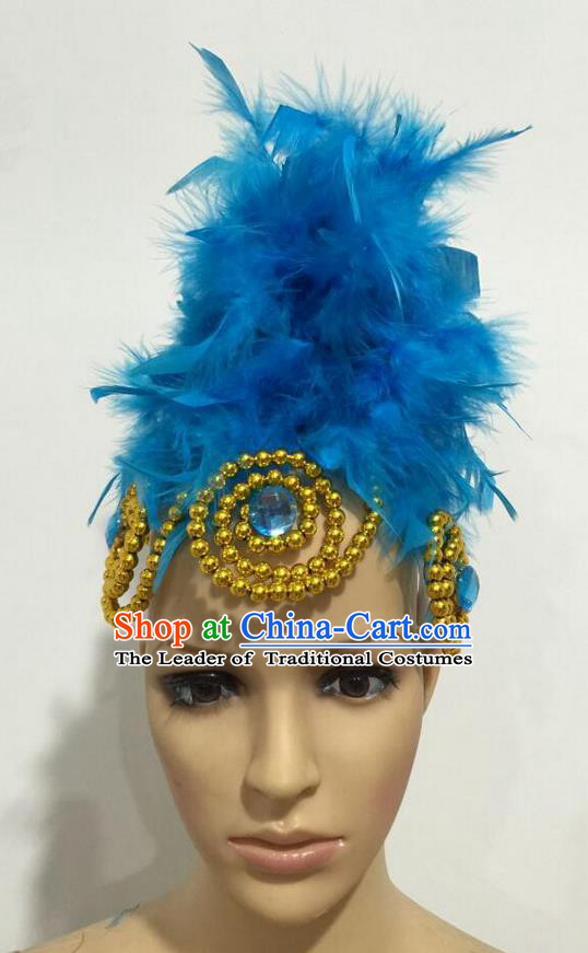 Top Grade Professional Stage Show Giant Headpiece Parade Hair Accessories, Brazilian Rio Carnival Samba Opening Dance Imperial Empress Blue Feather Headwear for Women