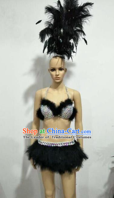 Top Grade Professional Performance Catwalks Swimsuit Costume and Headpiece, Traditional Brazilian Rio Carnival Samba Suits Modern Fancywork Black Feather Bikini for Women