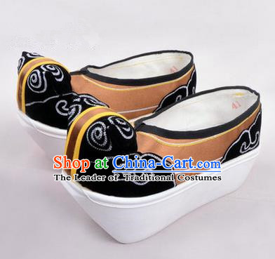 Chinese Ancient Peking Opera Scholar Young Men High Sole Shoes, Traditional China Beijing Opera Male Bronze Embroidered Shoes