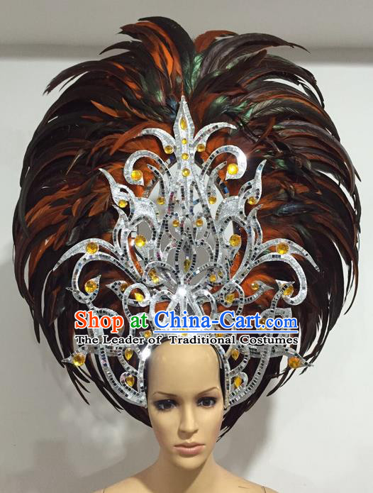 Top Grade Professional Stage Show Giant Headpiece Orange Feather Big Hair Accessories Decorations, Brazilian Rio Carnival Samba Opening Dance Headwear for Women