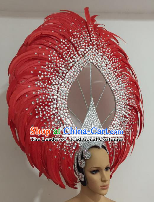 Top Grade Professional Stage Show Giant Headpiece Parade Giant Red Feather Crystal Hair Accessories Decorations, Brazilian Rio Carnival Samba Opening Dance Headwear for Women