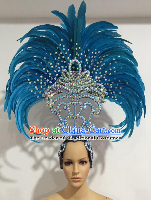 Top Grade Professional Stage Show Giant Headpiece Parade Giant Blue Feather Crystal Hair Accessories Decorations, Brazilian Rio Carnival Samba Opening Dance Headwear for Women