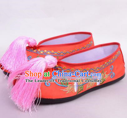 Chinese Ancient Peking Opera Young Lady Bride Embroidered Hua Tan Shoes, Traditional China Beijing Opera Princess Wedding Red Embroidered Shoes