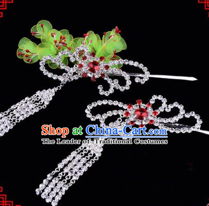 Chinese Ancient Peking Opera Hair Accessories Young Lady Diva Red Phoenix Tassel Hairpins, Traditional Chinese Beijing Opera Hua Tan Colorful Crystal Head Ornaments