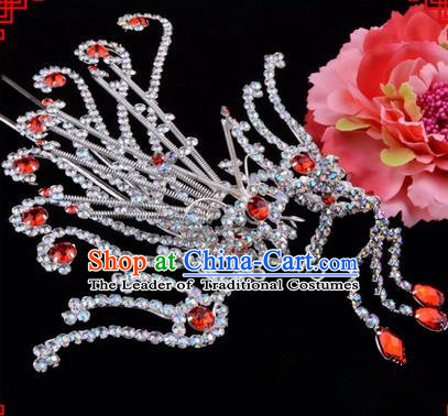 Chinese Ancient Peking Opera Hair Accessories Young Lady Diva Red Phoenix Hairpins, Traditional Chinese Beijing Opera Hua Tan Colorful Crystal Head Ornaments