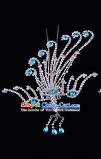 Chinese Ancient Peking Opera Hair Accessories Young Lady Diva Blue Phoenix Hairpins, Traditional Chinese Beijing Opera Hua Tan Colorful Crystal Head Ornaments