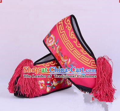 Chinese Ancient Peking Opera Young Lady Bride Embroidered Flowers Hua Tan Shoes, Traditional China Beijing Opera Princess Wedding Rosy Embroidered Increase Shoes