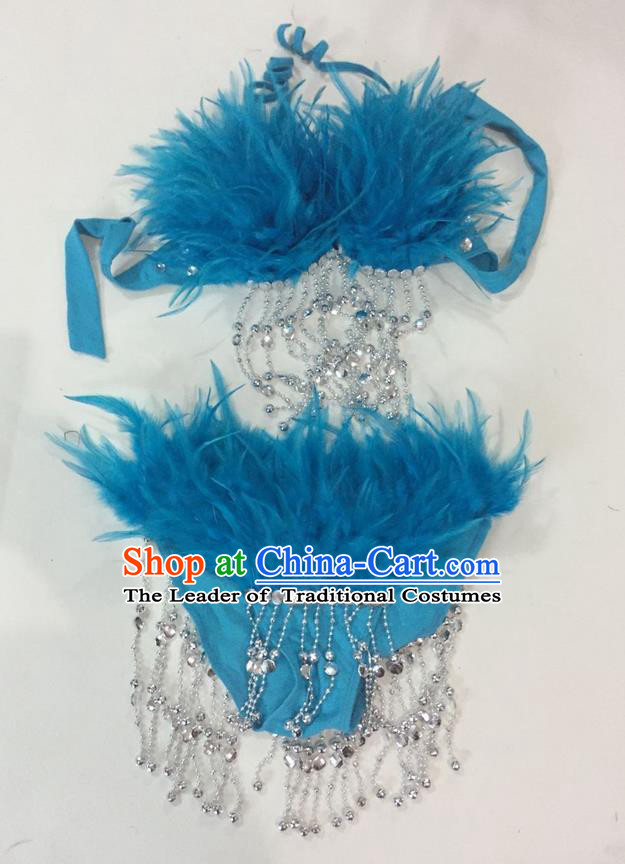 Top Grade Professional Performance Catwalks Swimsuit Costumes, Traditional Brazilian Rio Carnival Samba Suits Modern Fancywork Blue Feather Bikini for Women