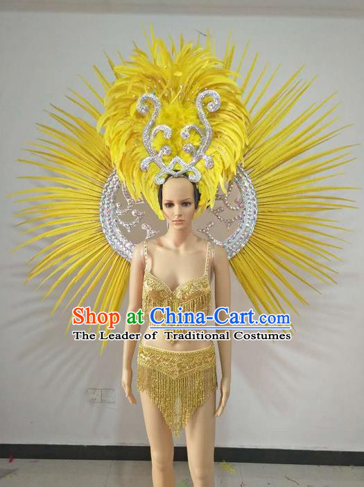 Top Grade Professional Performance Catwalks Swimsuit Costumes and Headpiece, Traditional Brazilian Rio Carnival Samba Suits Modern Fancywork Yellow Feather Bikini Clothing for Women