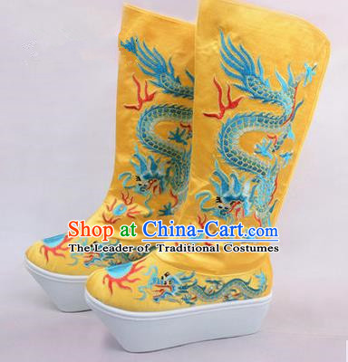 Chinese Ancient Peking Opera King Embroidered Dragon High Leg Boots, Traditional China Beijing Opera Emperor Yellow Embroidered High Sole Shoes