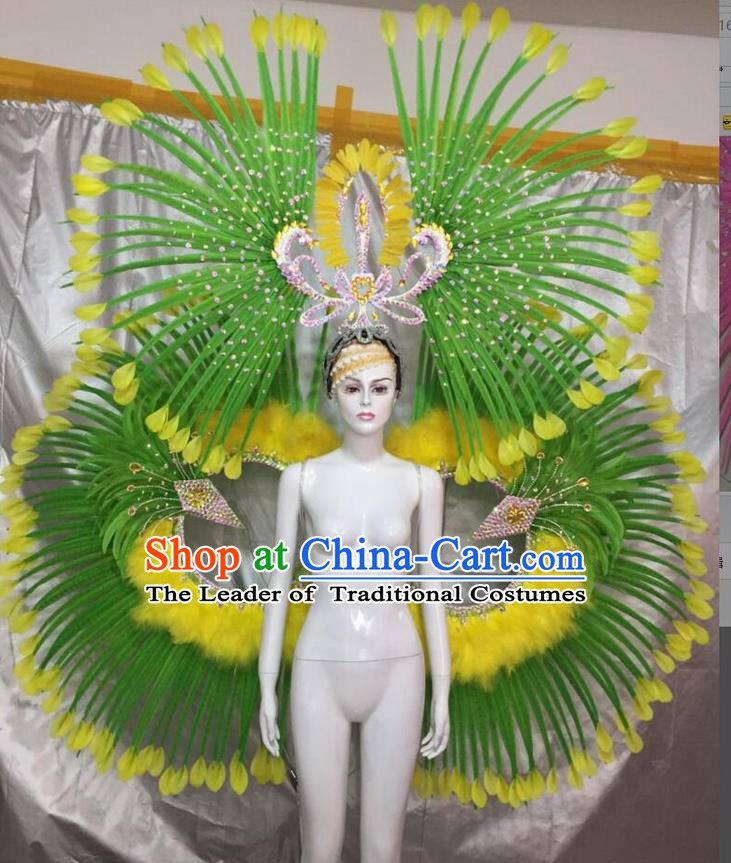 Top Grade Professional Performance Catwalks Green Feather Props and Headpiece, Traditional Brazilian Rio Carnival Samba Opening Dance Modern Fancywork Backboard for Women