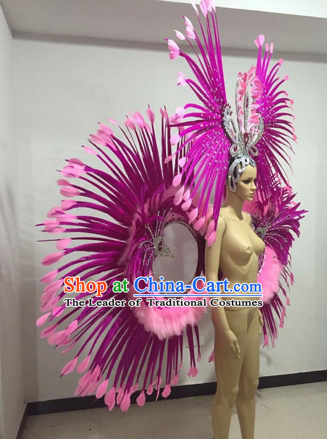 Top Grade Professional Stage Show Giant Headpiece Parade Hair Accessories Backboard Decorations, Brazilian Rio Carnival Samba Opening Dance Rosy Feather Headdress for Women