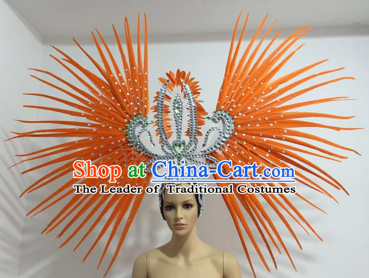 Top Grade Professional Stage Show Giant Headpiece Parade Hair Accessories Decorations, Brazilian Rio Carnival Samba Opening Dance Orange Feather Headdress for Women