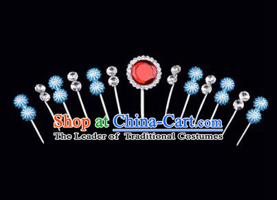 Chinese Ancient Peking Opera Hair Accessories Young Lady Headwear Complete Set, Traditional Chinese Beijing Opera Head Ornaments Hua Tan Red Crystal Hairpins