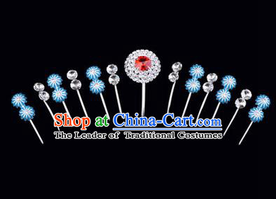 Chinese Ancient Peking Opera Hair Accessories Young Lady Headwear Complete Set, Traditional Chinese Beijing Opera Head Ornaments Hua Tan Crystal Red Hairpins