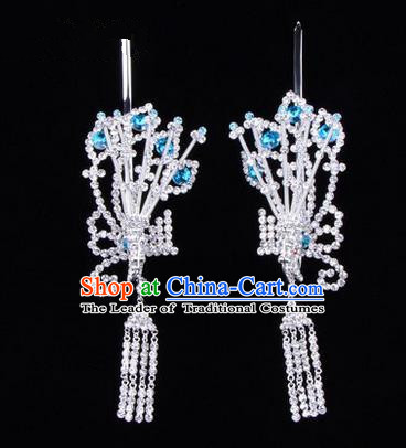 Chinese Ancient Peking Opera Hair Accessories Young Lady Diva Blue Phoenix Headwear, Traditional Chinese Beijing Opera Head Ornaments Hua Tan Crystal Hairpins