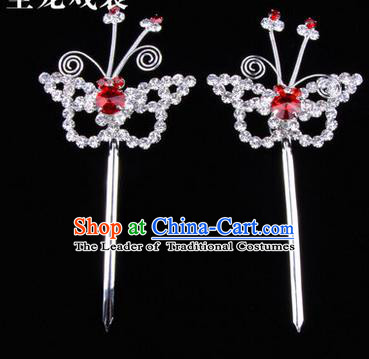 Chinese Ancient Peking Opera Hair Accessories Young Lady Diva Butterfly Headwear, Traditional Chinese Beijing Opera Head Ornaments Hua Tan Red Crystal Hairpins