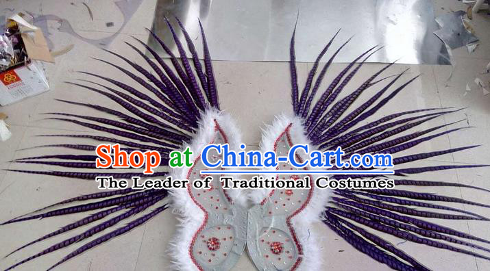 Top Grade Professional Stage Show Halloween Props Decorations Wings, Brazilian Rio Carnival Parade Samba Dance Purple Long Feather Catwalks Backplane for Women