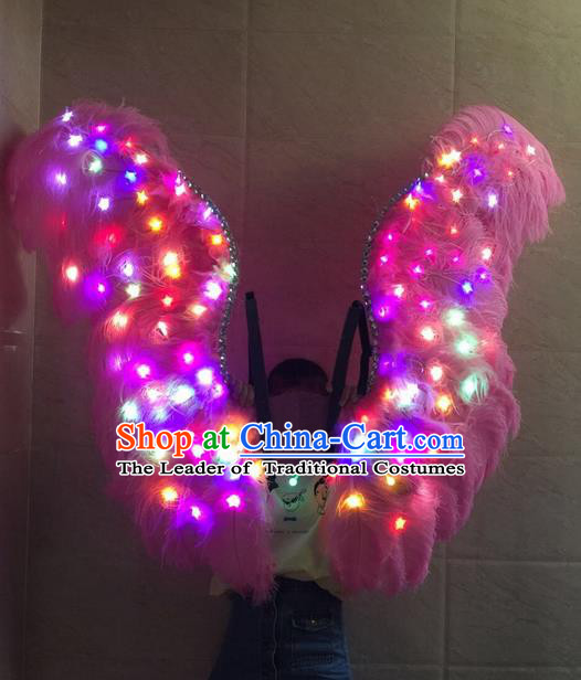 Top Grade Professional Stage Show Halloween Props Decorations Led Light Wings, Brazilian Rio Carnival Parade Samba Dance Catwalks Pink Feather Backplane for Women