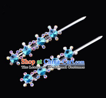 Chinese Ancient Peking Opera Hair Accessories Young Lady Diva Head Ornaments, Traditional Chinese Beijing Opera Hua Tan Blue Colorful Crystal Four Beads Hairpins