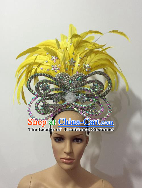 Top Grade Professional Stage Show Halloween Parade Yellow Feather Brazilian Rio Carnival Parade Samba Dance Hair Accessories Headpiece for Women