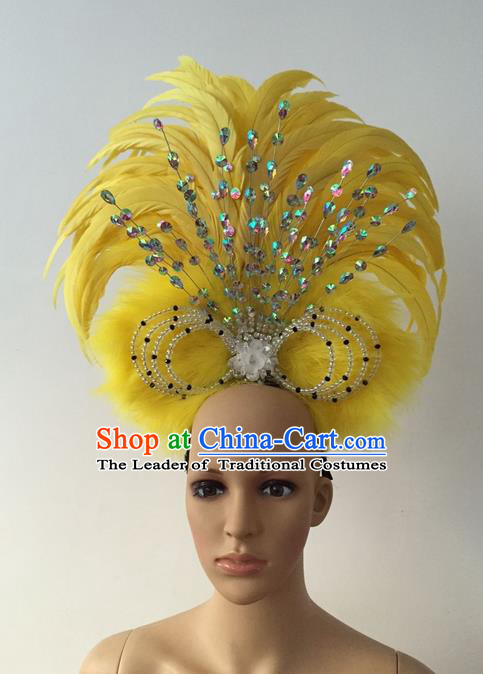 Top Grade Professional Stage Show Halloween Parade Yellow Feather Hair Accessories, Brazilian Rio Carnival Samba Dance Crystal Headwear for Women