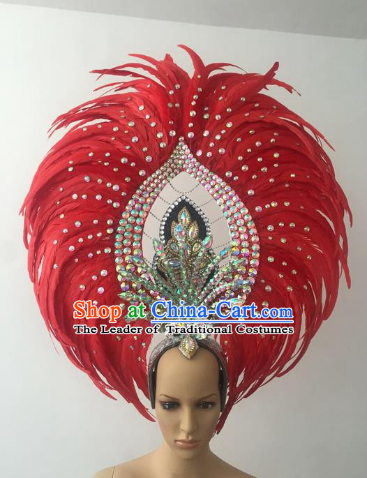 Top Grade Professional Stage Show Halloween Parade Red Feather Deluxe Hair Accessories, Brazilian Rio Carnival Samba Dance Modern Fancywork Crystal Headwear for Women