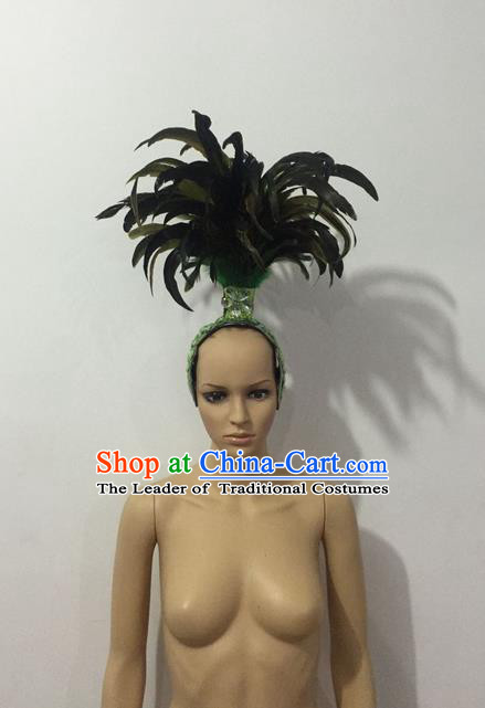 Top Grade Professional Stage Show Halloween Parade Green Feather Headwear, Brazilian Rio Carnival Samba Dance Modern Fancywork Hair Accessories Headpiece for Women