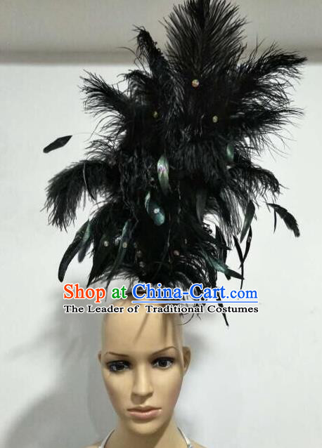 Top Grade Professional Stage Show Halloween Parade Feather Headpiece Hair Accessories, Brazilian Rio Carnival Samba Dance Modern Fancywork Headwear for Women