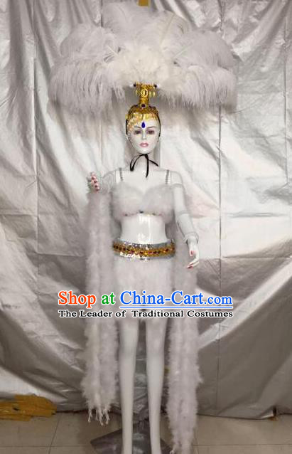 Top Grade Professional Performance Catwalks Bikini Costume and Headpiece, Traditional Brazilian Rio Carnival Samba Modern Fancywork White Feather Swimsuit Clothing for Kids