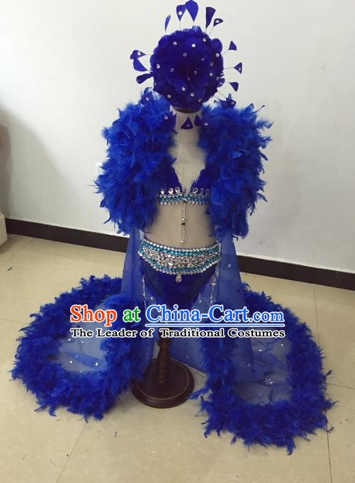 Top Grade Professional Performance Catwalks Bikini Costume and Headwear, Traditional Brazilian Rio Carnival Samba Modern Fancywork Blue Feather Swimsuit Led Light Clothing for Kids