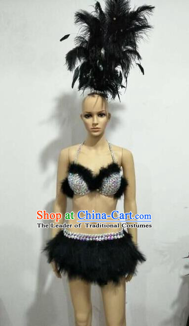 Top Grade Professional Performance Catwalks Black Bikini Costume and Headpiece, Traditional Brazilian Rio Carnival Samba Modern Fancywork Swimsuit for Women