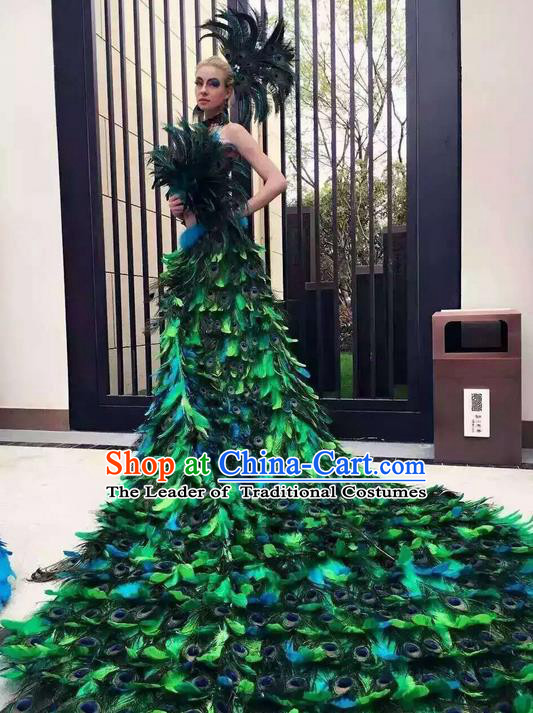 Top Grade Professional Performance Catwalks Bikini Costume and Headpiece, Traditional Brazilian Rio Carnival Samba Modern Fancywork Peacock Feather Trailing Swimsuit for Women