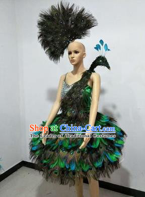 Top Grade Professional Performance Catwalks Bikini Costume and Headpiece, Traditional Brazilian Rio Carnival Samba Modern Fancywork Peacock Green Feather Swimsuit for Women