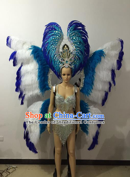 Top Grade Professional Performance Catwalks Bikini Butterfly Wings Costume and Headpiece, Traditional Brazilian Rio Carnival Samba Modern Fancywork Blue Feather Swimsuit for Women