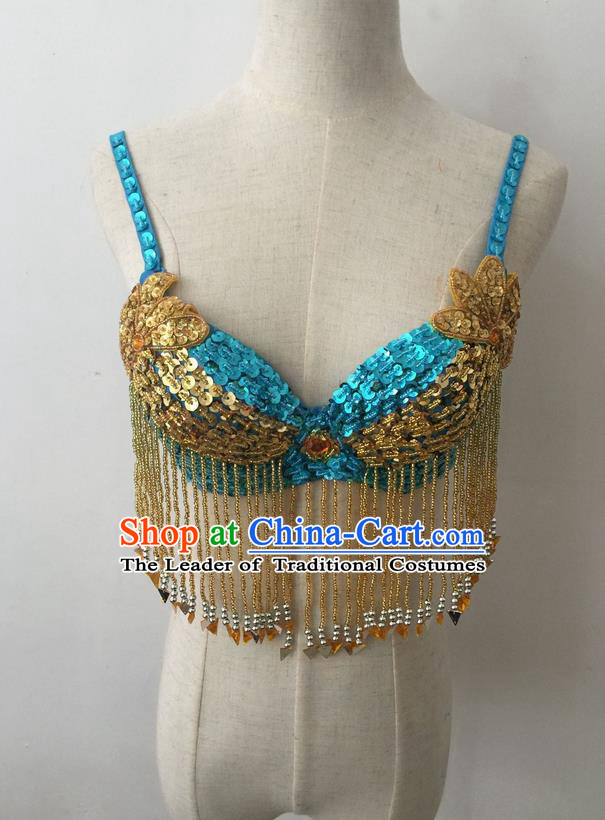 Top Grade Professional Performance Catwalks Bikini Clothing, Traditional Brazilian Rio Carnival Samba Modern Fancywork Belly Dance Blue Brassiere for Women