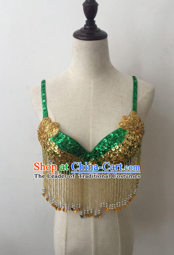 Top Grade Professional Performance Catwalks Bikini Clothing, Traditional Brazilian Rio Carnival Samba Modern Fancywork Belly Dance Green Brassiere for Women