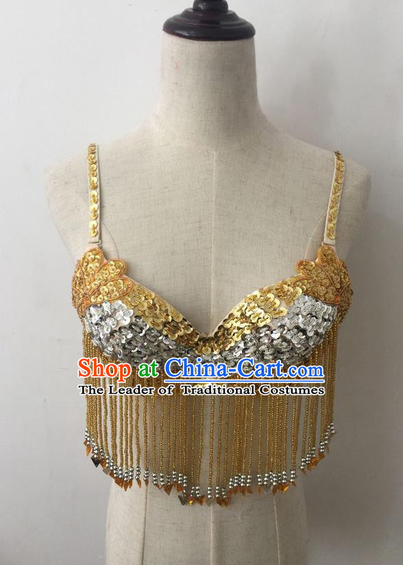 Top Grade Professional Performance Catwalks Bikini Clothing, Traditional Brazilian Rio Carnival Samba Modern Fancywork Belly Dance Golden Brassiere for Women