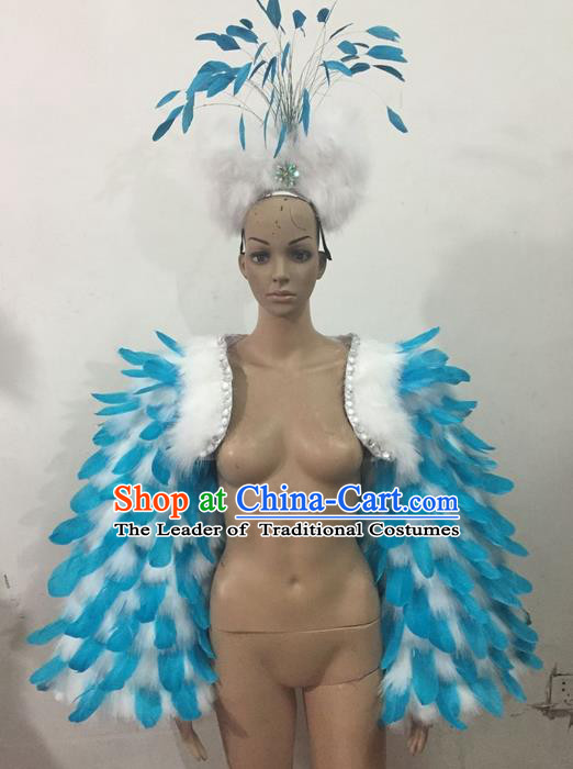 Top Grade Professional Performance Catwalks Clothing, Traditional Brazilian Rio Carnival Samba Modern Fancywork Blue Feather Costume for Women