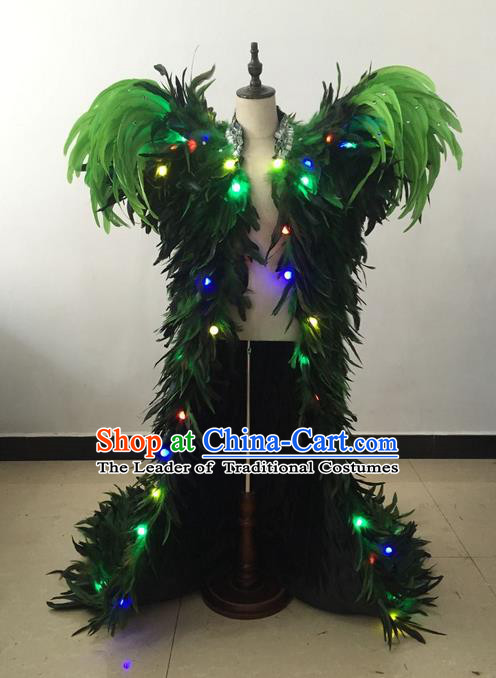 Top Grade Professional Performance Catwalks Led Light Clothing, Traditional Brazilian Rio Carnival Samba Modern Fancywork Green Feather Costume for Kids